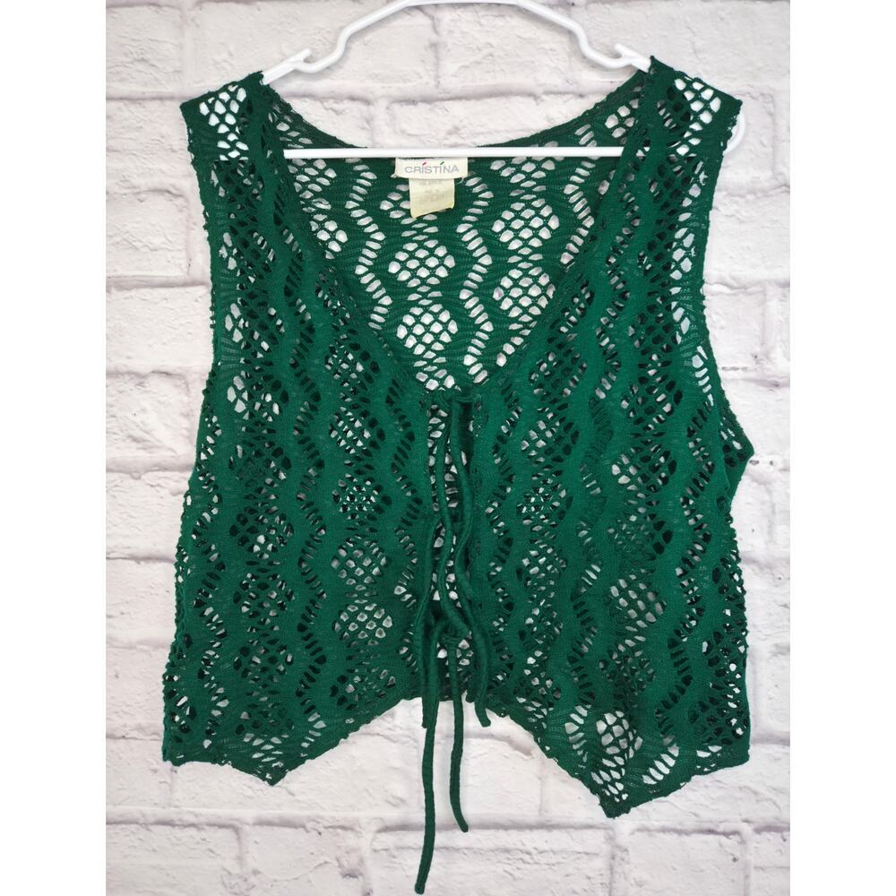 Vintage 90s Cristina Green Crochet Knit Vest Boho Festival Size 12/14 M/L.